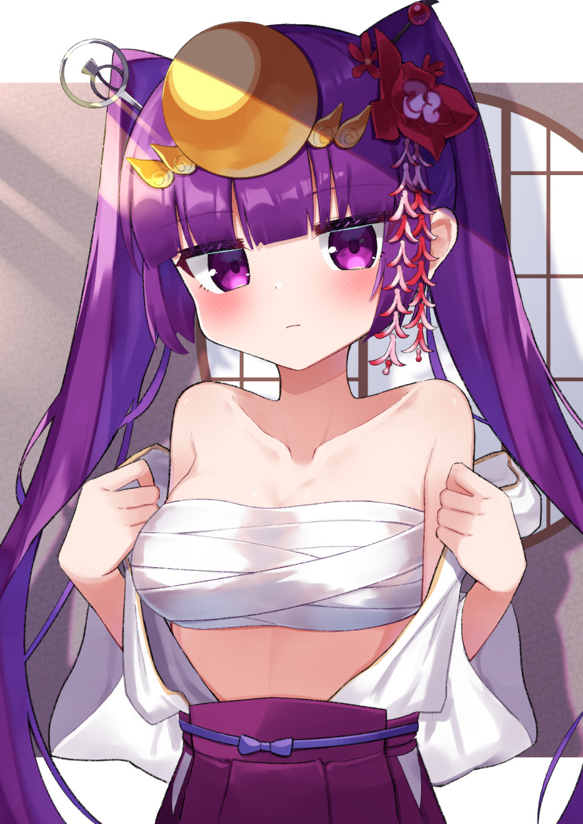 blunt_bangs blush bow breasts chest_sarashi closed_mouth female flower hair_flower hair_ornament headpiece highres long_hair looking_at_viewer pleated_skirt purple_eyes purple_hair puzzle_&_dragons sarashi skirt twintails waon_(43ctw) window yomi_(p&d)