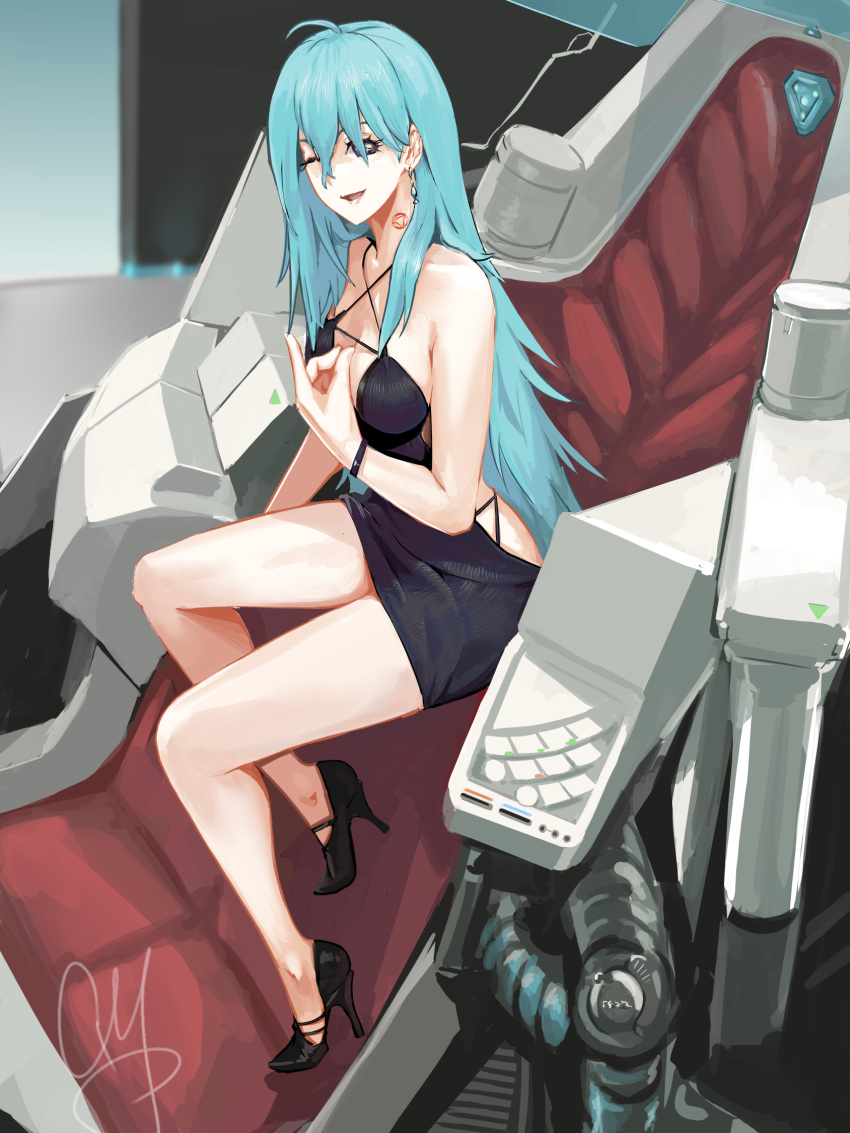 aqua_hair bare_arms bare_shoulders black_dress black_eyes black_footwear breasts cleavage cyk_(cyk451) dress earrings female full_body hair_over_eyes high_heels highres jewelry large_breasts long_hair looking_at_viewer one_eye_closed open_mouth short_dress smile solo very_long_hair vivy vivy:_fluorite_eye's_song