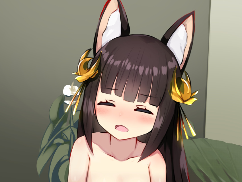 animal_ears azur_lane blush brown_hair closed_eyes female fox_ears fuki_to_takenoko hair_ornament highres indoors long_hair manatsu_no_yo_no_inmu nagato_(azur_lane) open_mouth parody plant solo topless upper_body