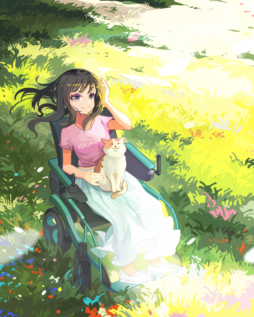 absurdres black_eyes black_hair blush closed_mouth day feline female full_body grass highres long_hair looking_at_viewer original outdoors pink_shirt shirt short_sleeves sitting skirt smile soar solo wheelchair white_skirt