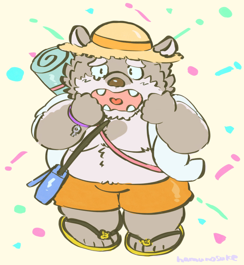 2020 anthro bear belly biped buta5kawa chibi clothing footwear hat headgear headwear hi_res jambavan_(tas) kemono lifewonders male mammal overweight overweight_anthro overweight_male sandals scared solo swimwear tokyo_afterschool_summoners