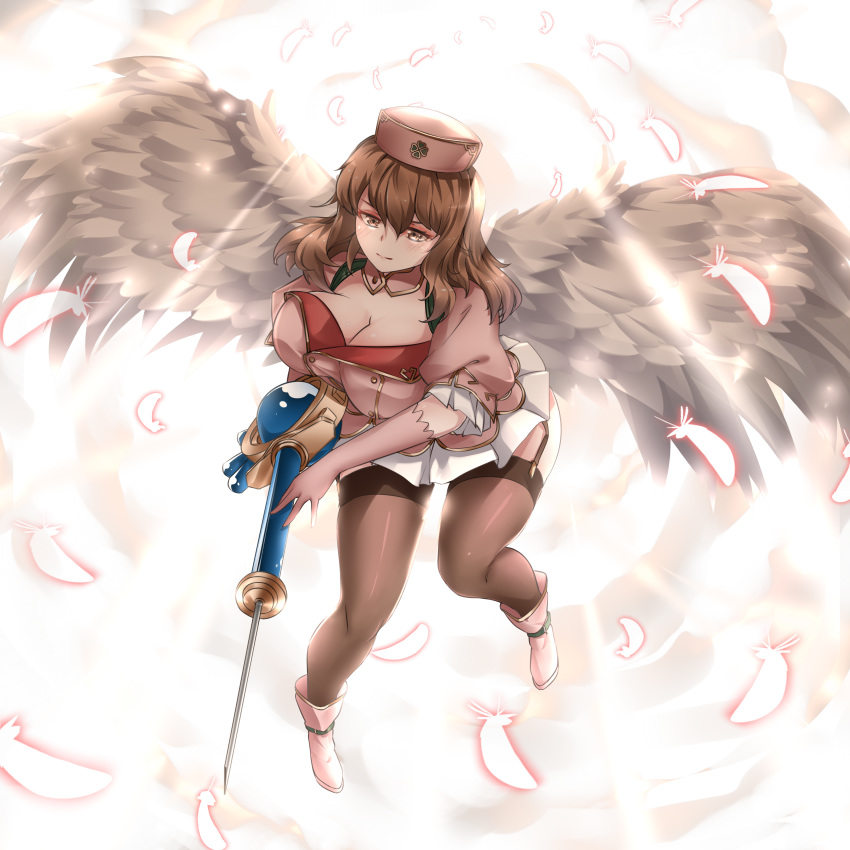 absurdres angel_wings breasts brown_eyes brown_hair cleavage feathered_wings female flying hat highres holding holding_syringe kusano_shinraku large_breasts light_blush looking_down magical_girl mahou_shoujo_tokushusen_asuka medium_hair mugen_kurumi nurse_cap solo syringe thighhighs war_nurse_kurumi wings