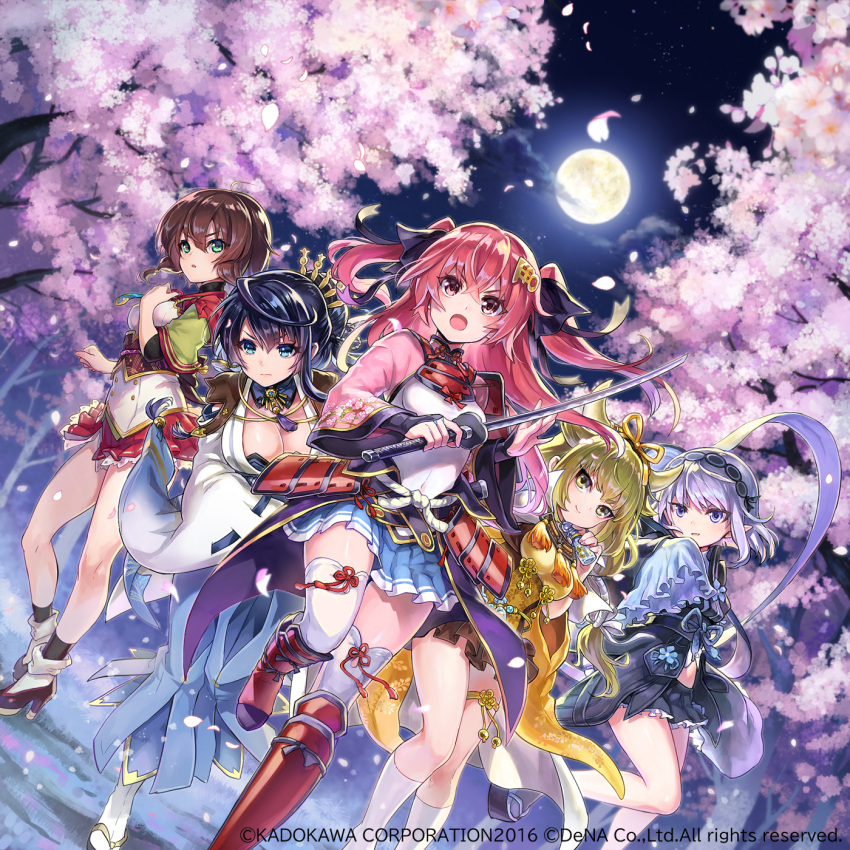 5girls album_cover armor blonde_hair blue_eyes blue_hair brown_eyes cape cherry_blossoms cover cow_horns dress fake_horns falling_petals frilled_sleeves frills fukube full_moon goou_yoshimitsu green_eyes hair_bun hair_flaps hair_ornament hair_ribbon hair_stick hairband hakama hakama_skirt highres holding holding_weapon horns japanese_armor japanese_clothes jouizumi_masamune katana kimono kneehighs kogarasumaru_(tenka_hyakken) kuwana_gou_(tenka_hyakken) light_purple_hair long_hair long_sleeves low-tied_sidelocks miniskirt moon multiple_girls nanaka_(tenka_hyakken) night obi obijime official_art petals platform_footwear popped_collar purple_dress purple_eyes red_eyes red_hair ribbon ribbon-trimmed_sleeves ribbon_trim rope sash short_hair short_sleeves skirt sleeves_past_wrists socks standing standing_on_one_leg sword tabi tassel tenka_hyakken thighhighs two_side_up waist_cape weapon wide_sleeves yellow_dress yellow_eyes