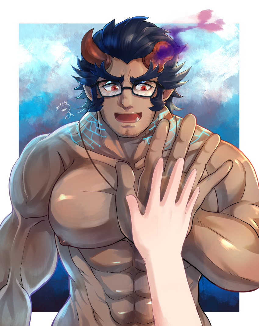 1boy abs absurdres bara beard black-framed_eyewear blue_hair broken_horn completely_nude dark-skinned_male dark_blue_hair dark_skin demon_boy demon_horns facial_hair fiery_horns glasses hand_size_difference hand_to_hand highres horns kageru_(mofnyan) large_pectorals long_sideburns male_focus mature_male muscular muscular_male nipples nude oerba_yun_fang palms_together pectorals pov short_hair sideburns size_difference smile solo_focus stomach stubble takemaru_(housamo) thick_eyebrows tokyo_afterschool_summoners upper_body