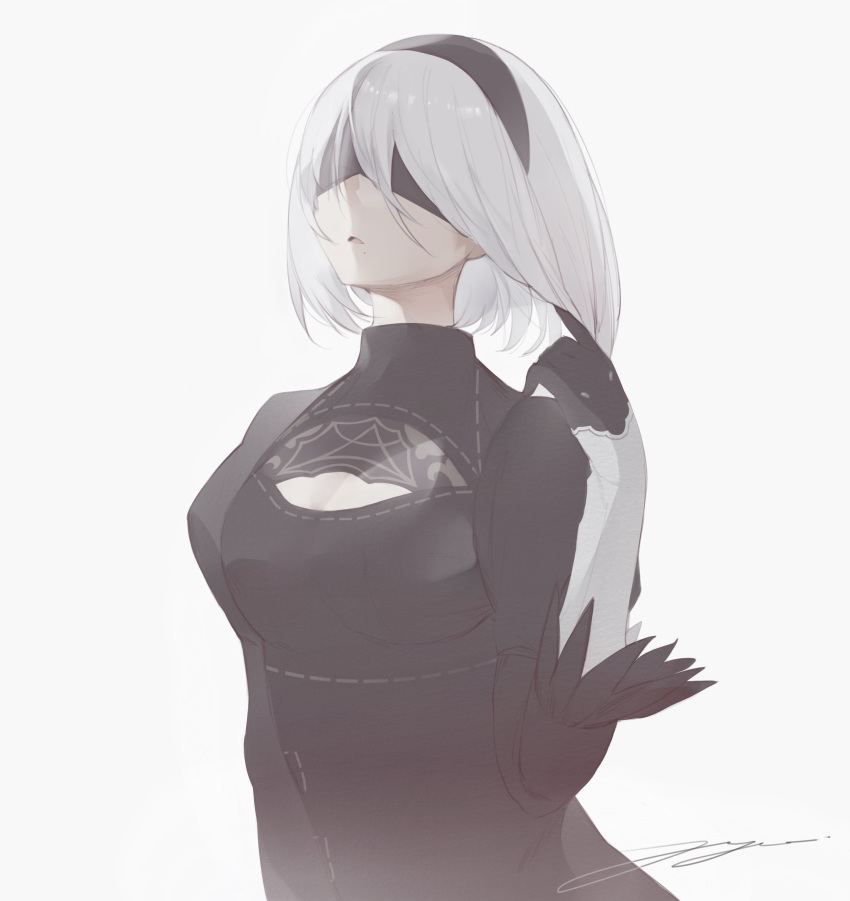 2b_(nier:automata) absurdres artist_name bad_id bad_twitter_id black_dress black_hairband blindfold cleavage_cutout clothing_cutout dress feather-trimmed_sleeves female gloves hairband hand_up highres juliet_sleeves long_sleeves medium_hair nier:automata nier_(series) parted_lips puffy_sleeves signature simple_background solo upper_body yuishironeko