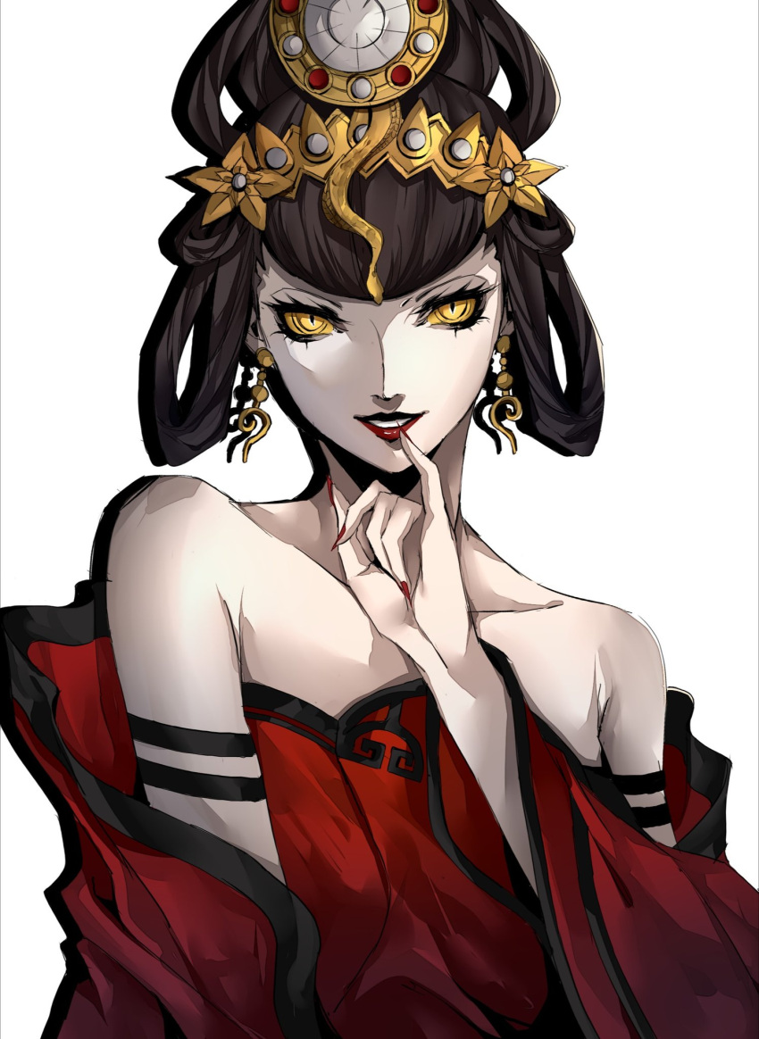 bare_shoulders black_hair breasts chinese_clothes collarbone dangle_earrings detached_sleeves dress earrings female finger_to_mouth fingernails hair_ornament hair_rings highres hoop_earrings jewelry large_breasts lips lipstick long_hair long_sleeves looking_at_viewer makeup nail_polish nuwa_(megami_tensei) pertex_777 red_dress red_lips red_nails sash shaded_face shin_megami_tensei shin_megami_tensei_v tiara white_background