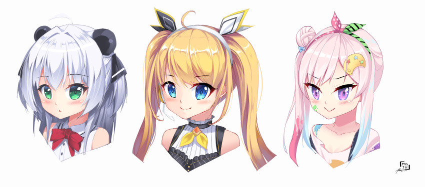 3girls airani_iofifteen airani_iofifteen_(1st_costume) blonde_hair blue_hair blush chiwa_(pandaclip) collarbone collared_shirt english_commentary gradient_hair grey_hair hair_bun headset highres hololive hololive_indonesia multicolored_hair multiple_girls mystic-san neck_ribbon nijisanji nijisanji_id off-shoulder_shirt off_shoulder pandaclip:_the_black_thief pink_hair portrait ribbon shirt side_ponytail single_side_bun sleeveless sleeveless_shirt smile twintails virtual_youtuber white_shirt yellow_ribbon zea_cornelia