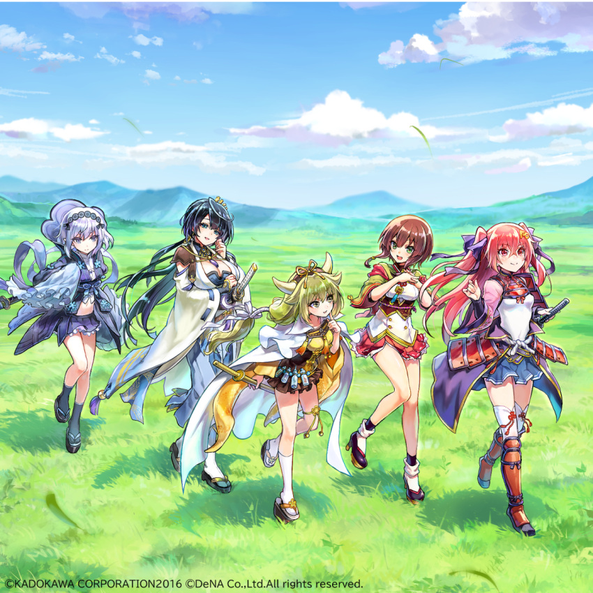 5girls album_cover armor blonde_hair blue_eyes blue_hair brown_eyes cape cover cow_horns dress fake_horns falling_petals frilled_sleeves frills from_side fukube goou_yoshimitsu green_eyes hair_bun hair_flaps hair_ornament hair_ribbon hair_stick hairband hakama hakama_skirt hand_on_own_cheek hand_on_own_chest hand_on_own_face hand_up highres hill horns japanese_armor japanese_clothes jouizumi_masamune katana kimono kneehighs kogarasumaru_(tenka_hyakken) kuwana_gou_(tenka_hyakken) light_purple_hair long_hair long_sleeves low-tied_sidelocks meadow miniskirt multiple_girls nanaka_(tenka_hyakken) obi obijime official_art petals platform_footwear popped_collar purple_dress purple_eyes red_eyes red_hair ribbon ribbon-trimmed_sleeves ribbon_trim rope sash sheath sheathed short_hair short_sleeves skirt sleeves_past_wrists socks sword tabi tassel tenka_hyakken thighhighs two_side_up waist_cape walking weapon wide_sleeves yellow_dress yellow_eyes