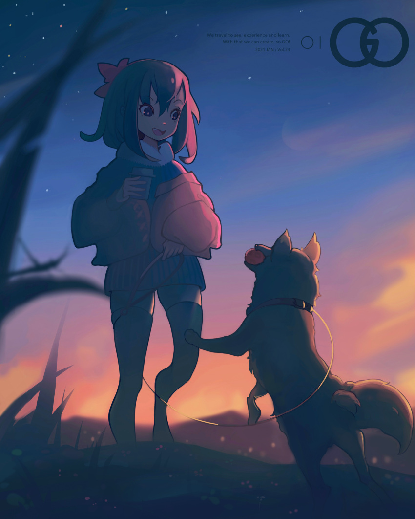 absurdres blush bow canine cup female hairbow highres holding holding_cup leash medium_hair open_mouth original outdoors red_bow smile soar solo sunset thighhighs