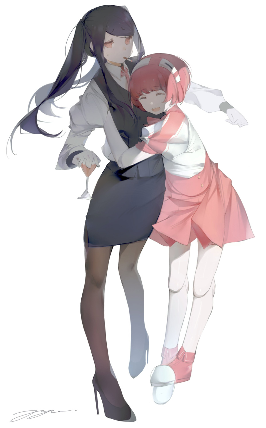 2girls absurdres android artist_name bartender bob_cut cigarette closed_eyes cocktail cocktail_glass cup dorothy_haze drinking_glass full_body hairband high_heels highres hug implied_yuri jill_stingray joints long_hair long_sleeves multiple_girls pantyhose pencil_skirt pink_hair pink_skirt puffy_short_sleeves puffy_sleeves purple_hair robot robot_joints short_hair short_sleeves sidelocks signature simple_background skirt smile smoking standing twintails uniform va-11_hall-a white_background yuishironeko