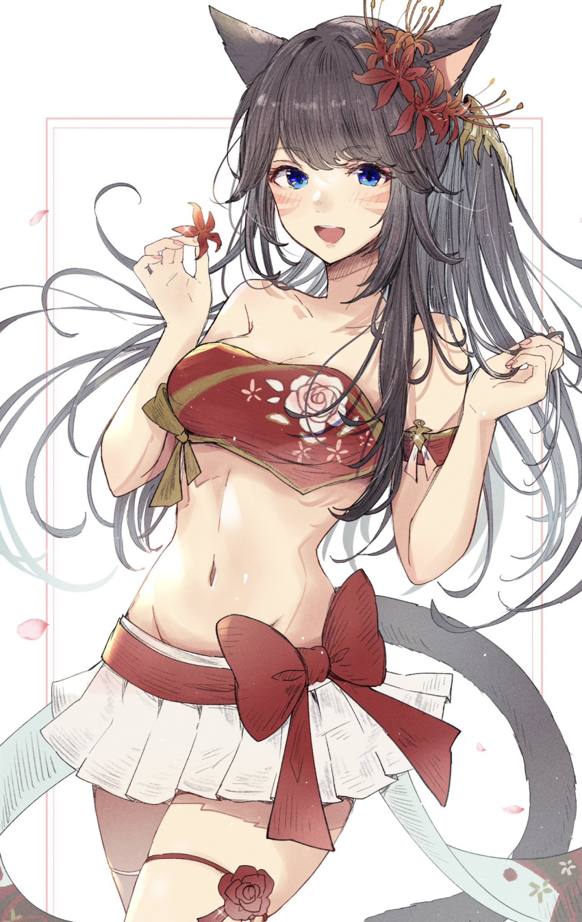 :d animal_ears bandeau black_hair blue_eyes breasts cat_ears cat_girl cat_tail facial_mark female final_fantasy final_fantasy_xiv highres long_hair medium_breasts midriff miniskirt miqo'te mokokoiro navel open_mouth pleated_skirt ponytail red_bandeau skirt smile stomach tail warrior_of_light_(ff14) whisker_markings white_skirt