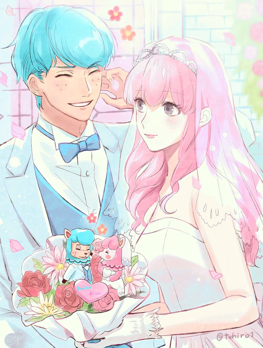 1boy absurdres animal_crossing artist_name blue_bow blue_bowtie blue_hair blue_vest bouquet bow bowtie closed_eyes cyrus_(animal_crossing) dress female flower formal freckles gloves grey_eyes highres humanization llama long_hair pink_hair reese_(animal_crossing) shijima_tohiro suit tiara vest wedding wedding_dress white_dress white_gloves