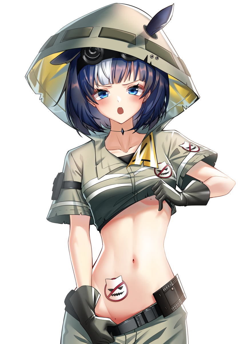 :o absurdres animal_ears arknights belt black_belt black_gloves black_hair blue_eyes blunt_bangs blush breasts brown_shirt brown_shorts clothes_lift clothes_pull collarbone commentary_request cowboy_shot detached_hood ears_through_headwear female glaucus_(arknights) glaucus_(exterminator_in_the_square)_(arknights) gloves groin highres hood hood_up lifting_own_clothes looking_at_viewer md5_mismatch midriff mole mole_on_body mole_on_breast multicolored_hair navel night_vision_device oerba_yun_fang official_alternate_costume open_mouth originium_(arknights) shirt shirt_lift short_hair short_sleeves shorts shorts_pull sidelocks simple_background skin_fang small_breasts so_tsubasa solo standing stomach_tattoo streaked_hair tattoo underboob white_background white_hair