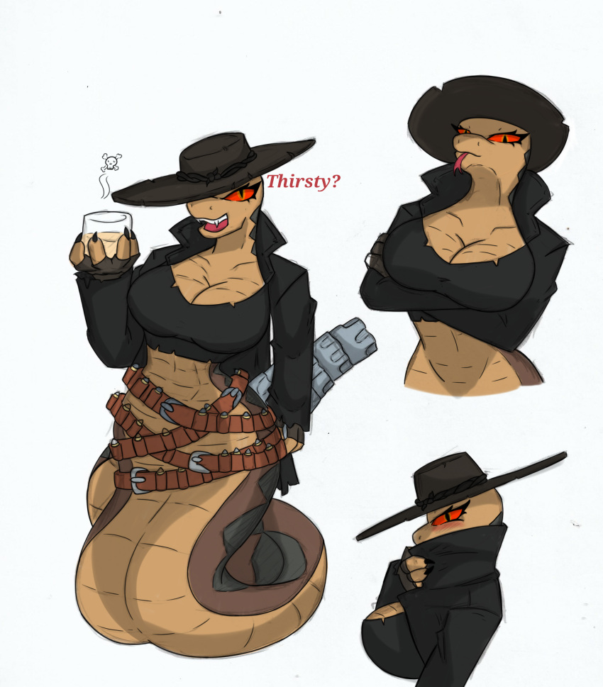 ammo_belt anthro apode arm_under_breasts asking asking_viewer big_breasts blush breasts bullet_belt claws cleavage clothed clothing container cowboy_hat cup dialogue draconcopode drinking_glass fangs female forked_tongue front_view glass glass_container glass_cup hat headgear headwear hi_res holding_glass holding_object jacket legless mtf_crossgender multiple_images naga non-mammal_breasts pace-maker pit_viper rango rango_(movie) rattlesnake rattlesnake_jake reptile rule_63 scalie serpentine side_view simple_background skull_and_crossbones small_waist snake solo tail_gun talking_to_viewer teeth thick_thighs tongue tongue_out topwear venom viper white_background wide_hips yes-no_question