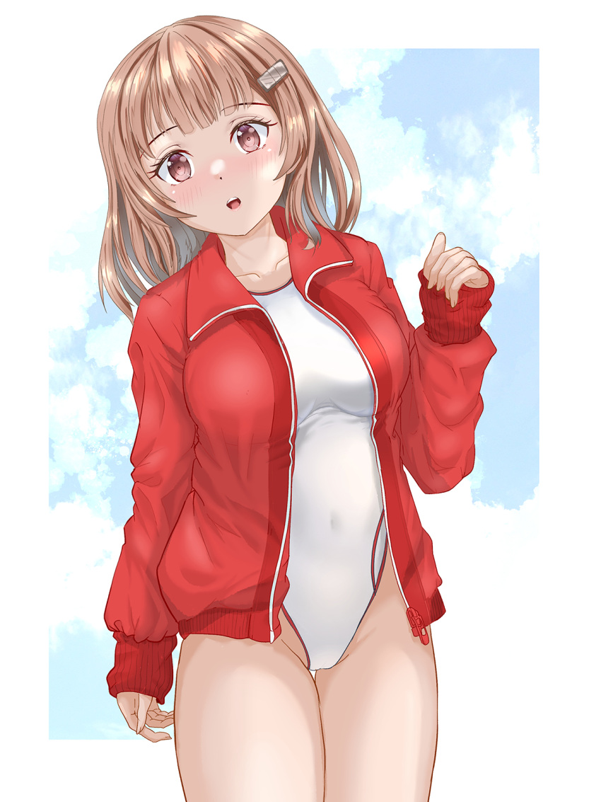 blush breasts brown_eyes brown_hair competition_swimsuit female hair_ornament hairclip highleg highleg_swimsuit highres jacket large_breasts mashinatsu one-piece_swimsuit open_clothes open_jacket open_mouth original short_hair swimsuit track_jacket white_one-piece_swimsuit