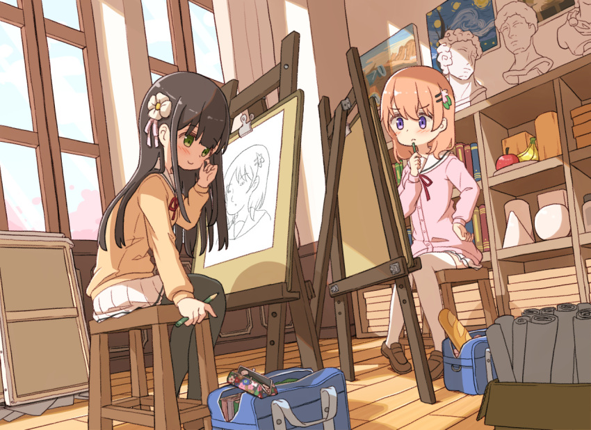 2girls art_room bag baguette black_legwear bread brown_footwear brown_hair bust_(sculpture) canvas_(object) cardigan commentary curtains day flower food gochuumon_wa_usagi_desu_ka? green_eyes hair_flower hair_ornament hoto_cocoa hoto_cocoa's_school_uniform indoors light_brown_hair loaf_of_bread loafers long_sleeves mohei multiple_girls painting_(object) pantyhose pencil_case pink_cardigan purple_eyes school_bag school_uniform sculpture shoes sitting skirt thighhighs ujimatsu_chiya white_legwear white_skirt window wooden_floor