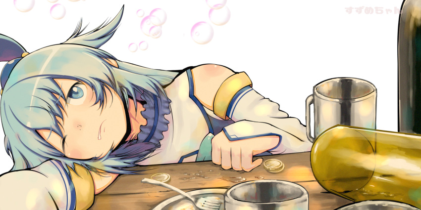 alcohol amasuzume aqua_(konosuba) aqua_eyes aqua_hair artist_name bubble clenched_teeth coin collar commentary_request cup detached_sleeves female fork frilled_collar frills hair_bobbles hair_ornament hair_rings head_rest highres kono_subarashii_sekai_ni_shukufuku_wo! long_hair looking_at_viewer one_eye_closed plate simple_background solo table teeth white_background