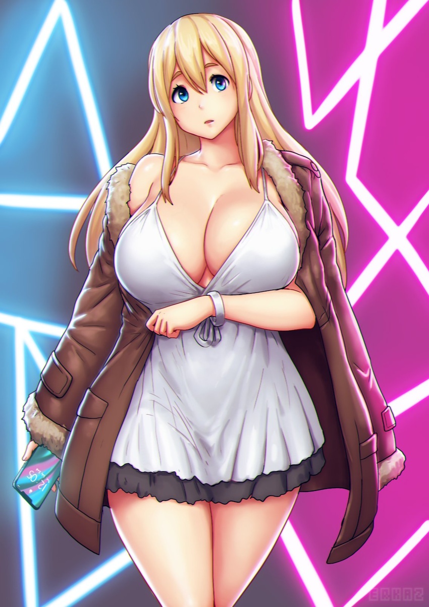 aged_up alternate_breast_size arm_under_breasts bare_shoulders blonde_hair blue_eyes bracelet breasts cellphone cleavage coat collarbone dress erkaz female fur_trim hair_between_eyes head_tilt highres holding holding_phone ios_(os) iphone_x jewelry k-on! kotobuki_tsumugi large_breasts long_hair looking_at_viewer open_clothes open_coat open_mouth phone sidelocks smartphone solo thighs veins veiny_breasts white_dress