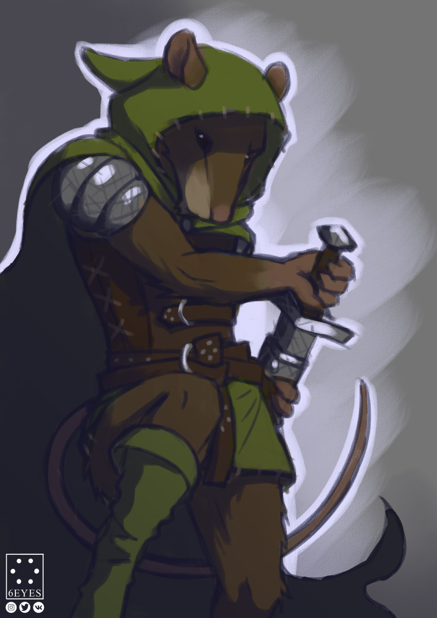 2022 6eyesandhooves absurd_res anthro armor artist_logo belt boots bottomwear clothing footwear ghost_of_a_tale gradient_background green_clothing green_topwear hi_res holding_object holding_weapon hood_(clothing) instagram_logo logo looking_down male mammal melee_weapon murid murine pauldron raised_foot rat rodent silas_(ghost_of_a_tale) simple_background solo straps sword topwear twitter twitter_logo watermark weapon