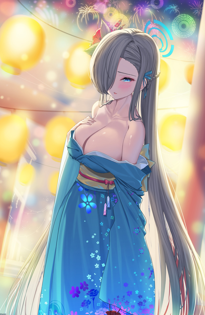 absurdres alternate_costume asuna_(blue_archive) blue_archive blue_kimono breasts elsynien female firework_background fireworks halo hand_on_own_chest highres japanese_clothes kimono large_breasts light_blush long_hair looking_at_viewer no_bra open_mouth solo very_long_hair