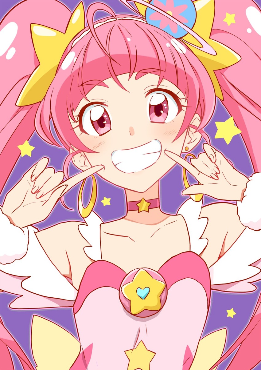 ahoge blunt_bangs bow cheek_poking choker collarbone cure_star dress earrings female fingernails flat_chest grin hair_ornament highres hoshina_hikaru jewelry long_hair looking_at_viewer magical_girl pink_choker pink_dress pink_eyes pink_hair pink_theme planet_hair_ornament poking poking_self precure purple_background simple_background sleeveless sleeveless_dress smile solo star_(symbol) star_choker star_hair_ornament star_twinkle_precure twintails upper_body waist_bow wrist_cuffs yellow_bow yuto_(dialique)