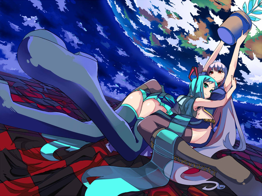 2girls bad_id bad_pixiv_id boots cross-laced_footwear hatsune_miku hello_planet_(vocaloid) lace-up_boots long_hair megurine_luka multiple_girls niyaururu perspective plant potted_plant skirt sky smile songover thighhighs very_long_hair vocaloid wander_last_(vocaloid)