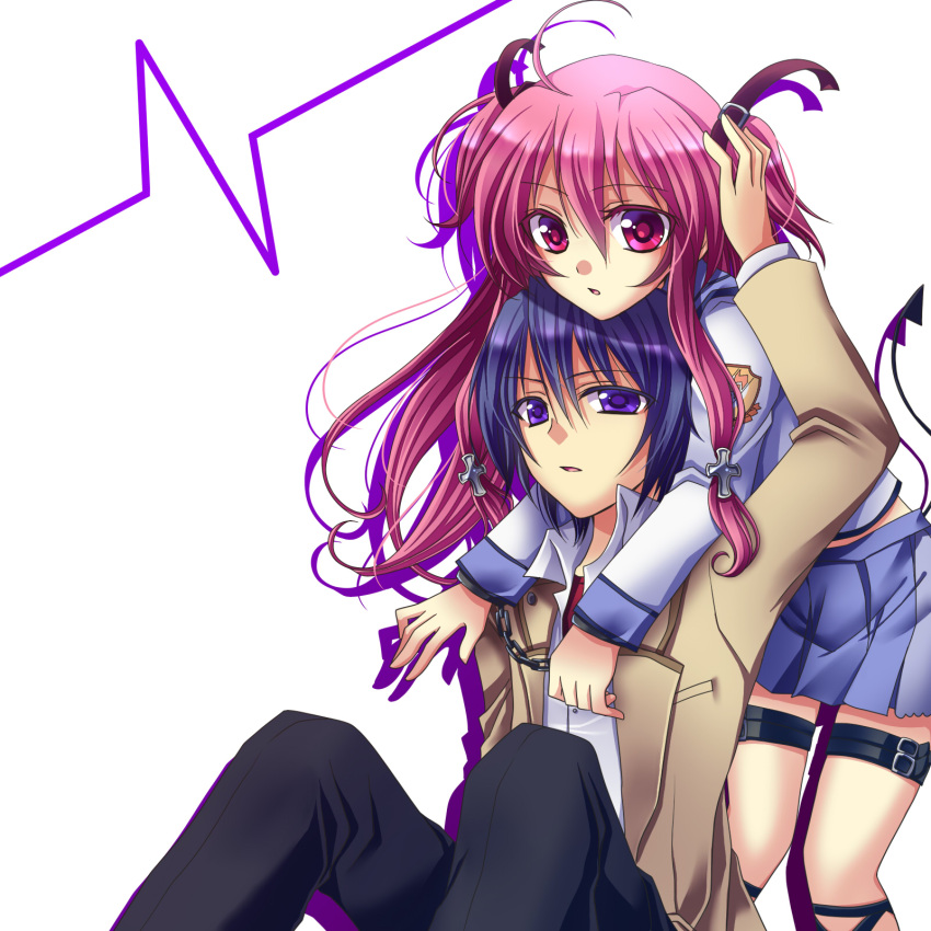 1boy ahoge angel_beats! ankle_lace-up belt blazer blue_hair commentary_request couple cross cross-laced_footwear demon_tail female highres hinata_hideki jacket long_hair pink_eyes pink_hair purple_eyes school_uniform serafuku shinda_sekai_sensen_uniform skirt soraeda straight tail thigh_strap two_side_up yui_(angel_beats!)