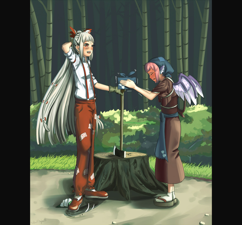 2girls animal_ears apron axe bamboo bamboo_forest bird_ears bird_wings blue_apron blush bow brown_kimono closed_eyes commentary_request embarrassed forest fujiwara_no_mokou grey_hair hairbow head_scarf highres holding_bento japanese_clothes kimono long_hair lunchbox multiple_girls mystia_lorelei nature night_sparrow_love obi okamisty pillarboxed pink_hair red_eyes sandals sash short_hair suspenders tabi tasuki touhou traghetto tree_stump very_long_hair wings