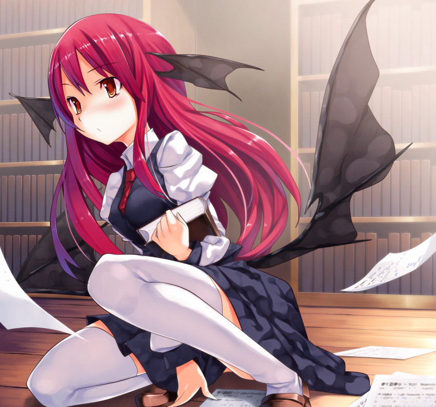 bad_id bad_pixiv_id bat_wings book colorized dress_shirt female gintarou_(kurousagi108) head_wings highres koakuma library long_hair maid_koubou necktie photoshop_(medium) red_hair red_necktie shirt skirt skirt_set solo thighhighs touhou vest voile white_thighhighs wings yellow_eyes zettai_ryouiki