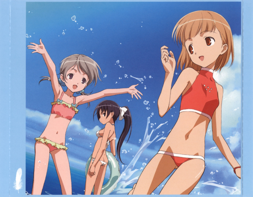 3girls armpits arms_up ass back bikini black_eyes black_hair blue_scrunchie bracelet breasts brown_hair butt_crack cloud day feathers flat_chest grey_eyes grey_hair hair_ornament hair_ribbon hair_scrunchie happy highres ichijou_eika innertube jewelry long_hair looking_back lowleg lowleg_bikini multiple_girls navel non-web_source open_mouth outdoors outstretched_arms pink_bikini ponytail red_bikini red_eyes ribbon sakurano_otoha scan scrunchie short_hair short_twintails side-tie_bikini_bottom sideboob sky sky_girls small_breasts sonomiya_karen splashing sports_bikini spread_arms swim_ring swimsuit tankini twintails wading water white_bikini white_ribbon