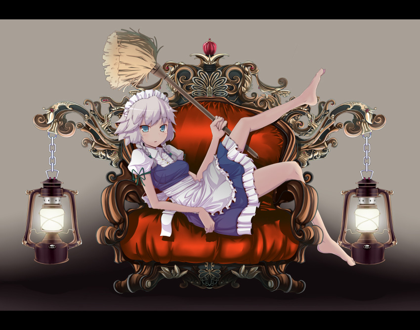 artistic_error barefoot blue_eyes braid broom chair commentary_request easy_chair feet female grey_hair izayoi_sakuya lantern letterboxed lying maid maid_headdress short_hair solo tama_(speedgrapher) touhou twin_braids wrong_foot