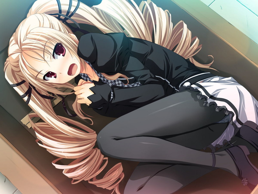 akatsuki_no_goei black_pantyhose blonde_hair blush box drill_hair female fetal_position game_cg hair_ribbon in_box in_container jpeg_artifacts kokudou_kyouka long_hair necktie open_mouth panties panties_under_pantyhose pantyhose red_eyes ribbon solo surprised tomose_shunsaku twin_drills twintails underwear