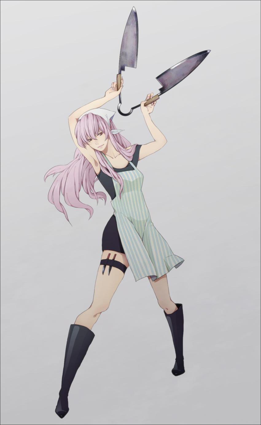 apron arakawa_under_the_bridge armpits arms_up bandana boots commentary_request female full_body head_scarf highres lips long_hair looking_away maria_(arakawa) photoshop_(medium) pink_hair red_eyes shears simple_background solo sososo standing striped thigh_strap