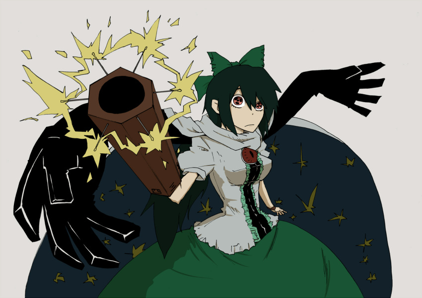 arm_cannon black_wings bow cape commentary_request female flat_color foreshortening green_bow green_hair hairbow highres karu_(ishiken) radiation_symbol red_eyes reiuji_utsuho solo star_(symbol) symbol-shaped_pupils touhou weapon wings