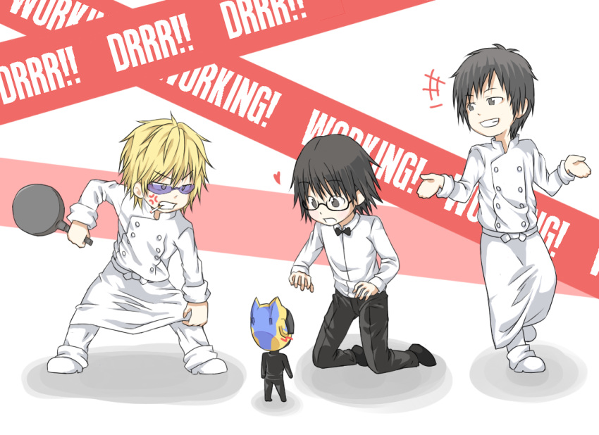 3boys angry celty_sturluson chibi cigarette commentary_request cosplay durarara!! female frying_pan fukuyama_jun glasses heart heiwajima_shizuo kamiya_hiroshi kishitani_shinra mini_person minigirl multiple_boys ono_daisuke orihara_izaya parody sunglasses t0m0 voice_actor_connection waiter working!!