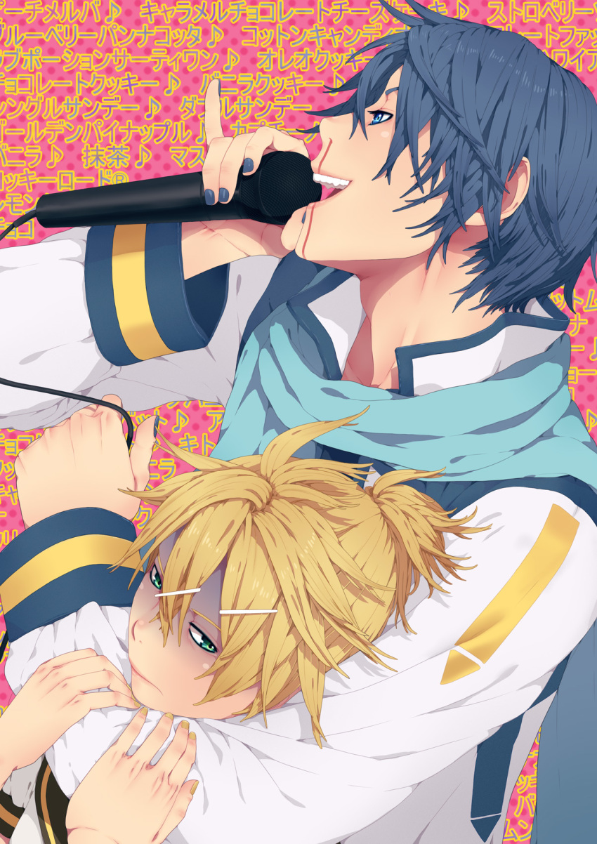 2boys blonde_hair blood blue_eyes blue_hair blue_nails borrowed_clothes commentary_request hair_ornament hairclip highres kagamine_len kaito_(vocaloid) male_focus microphone multiple_boys music nail_polish nayu nosebleed singing vocaloid yellow_nails