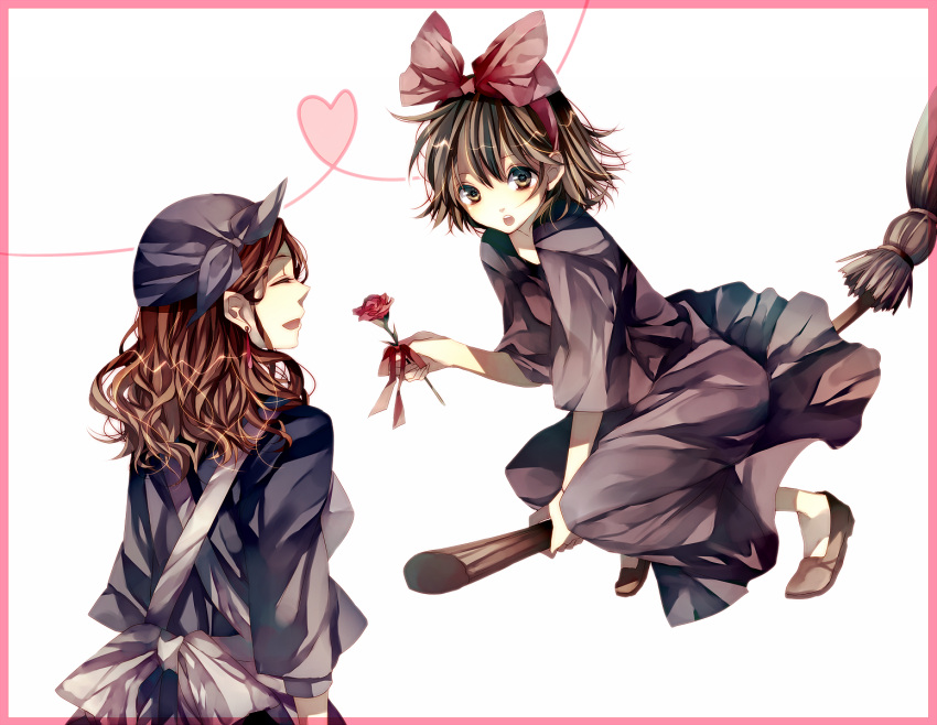 2girls bow broom brown_eyes brown_hair flower hairbow heart heart_of_string highres kiki_(majo_no_takkyuubin) kokiri_(majo_no_takkyuubin) majo_no_takkyuubin mother's_day mother_and_daughter multiple_girls non-web_source short_hair tsukioka_tsukiho