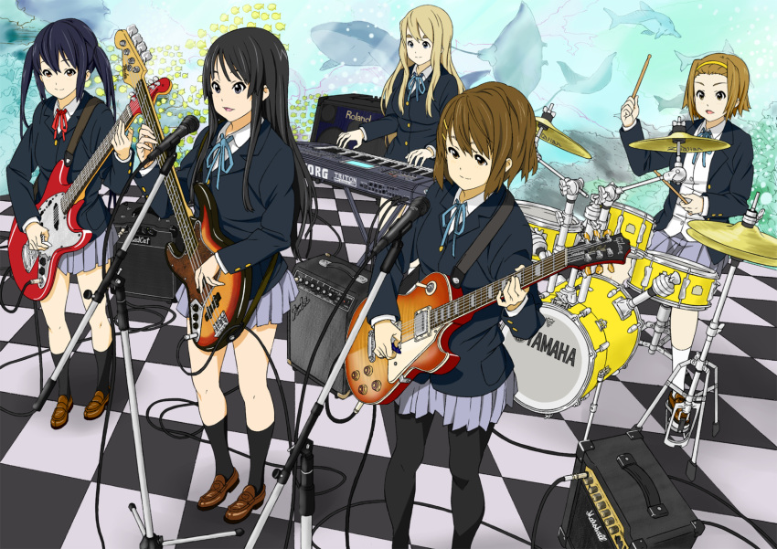 5girls akiyama_mio amplifier aquarium band bass_guitar black_eyes black_hair blonde_hair blue_eyes brown_eyes brown_hair checkered commentary_request drum drum_set electric_guitar fender_jazz_bass fender_musical_instruments_corporation fender_mustang fish gibson_brands_inc gibson_les_paul guitar highres hirasawa_yui instrument k-on! keyboard_(instrument) korg korg_triton kotobuki_tsumugi left-handed long_hair marshall_amplification multiple_girls nakano_azusa pantyhose roland_(company) sakuragaoka_high_school_uniform school_uniform short_hair synthesizer tainaka_ritsu tanabota1203 twintails yamaha