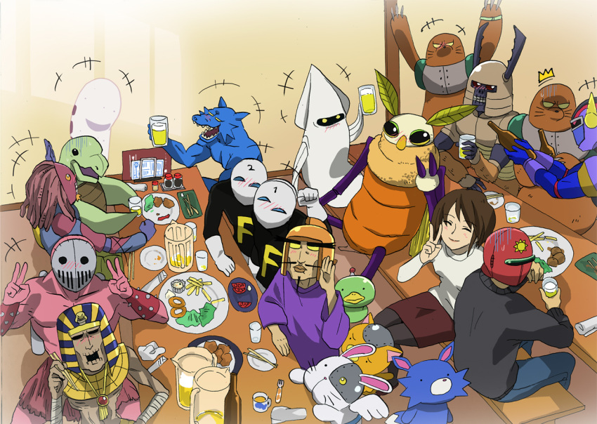 alcohol beard beer black_legwear chopsticks closed_eyes commentary_request cup devil_neko facial_hair female food from_above fukkin gamess_(sunred) geiras_(sunred) general_vamp hell_wolf kaamenman mask medario moustache mukiebi_(sunred) mummy night_owl_(sunred) p-chan_kai pantyhose photoshop_(medium) pitcher_(container) plate sitting skirt smile sunred table teacup tentai_senshi_sunred uchida_kayoko usakotsu v