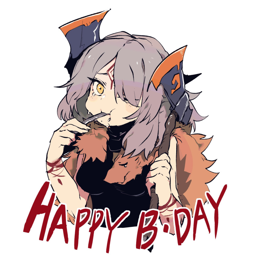 axe axehorn_(ssambatea) borrowed_character ddari eating english_text female grey_hair hair_over_one_eye happy_birthday highres holding horns korean_commentary looking_at_viewer one_eye_covered original pelt simple_background solo tears white_background yellow_eyes