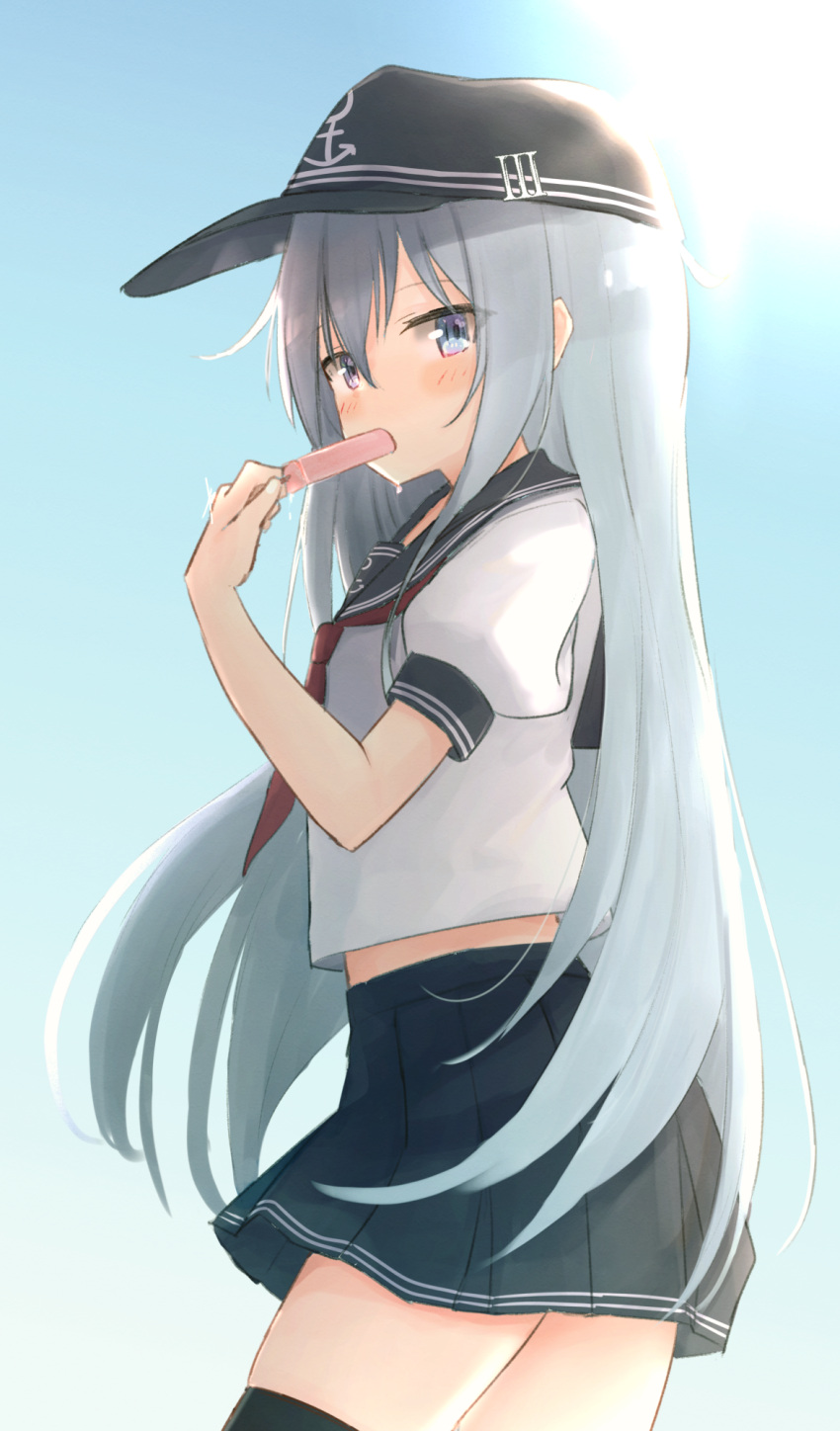 anchor_symbol black_hat black_sailor_collar black_skirt black_thighhighs blue_eyes blush centi_mnkt cowboy_shot female flat_cap food grey_hair hair_between_eyes hat hibiki_(kancolle) highres holding holding_food kantai_collection long_hair midriff_peek neckerchief pleated_skirt popsicle red_neckerchief sailor_collar school_uniform serafuku short_sleeves skirt solo thighhighs