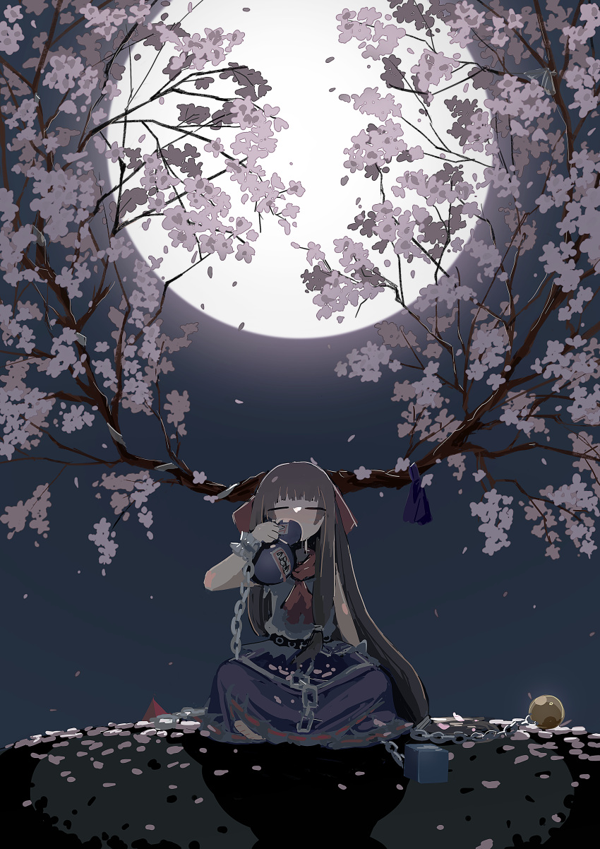 absurdres chains cherry_blossoms closed_eyes drinking female flower gourd highres horns ibuki_suika ichinose_(kurui96) long_hair long_skirt moon moonlight night night_sky oni oni_horns orange_hair petals sitting skirt sky solo touhou very_long_hair