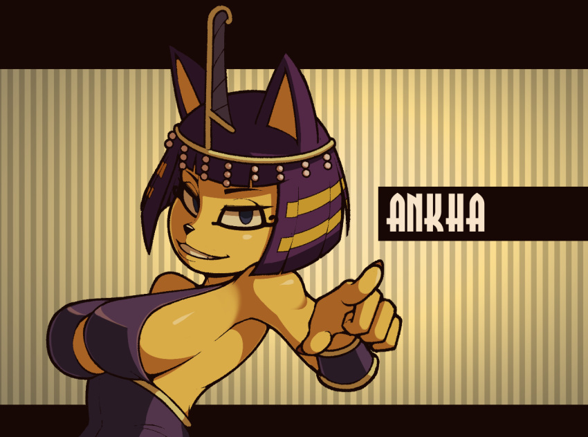 animal_crossing ankha_(animal_crossing) anthro big_breasts blue_hair bob_cut breasts circlet clothed clothing digital_media_(artwork) domestic_cat egyptian eliza_(skullgirls) felid feline felis female freepancakes fur hair looking_at_viewer loose_feather mammal nintendo ostrich_feather simple_background skullgirls smile solo teeth text yellow_body