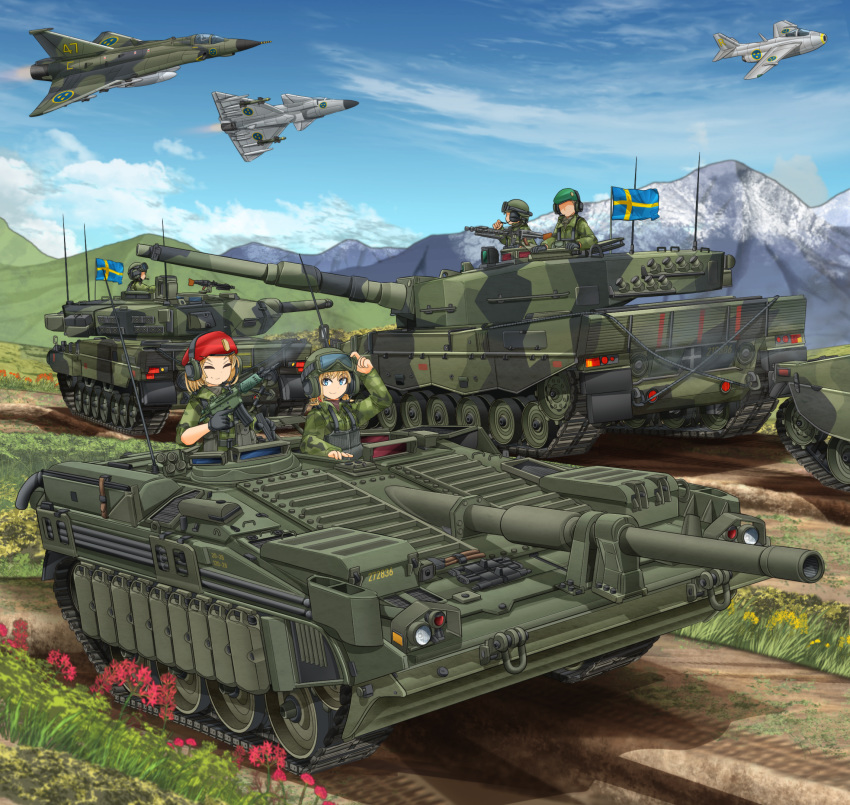 2girls 3boys aircraft airplane ak_5 aqua_eyes assault_rifle beret blonde_hair breasts caterpillar_tracks closed_eyes coat_of_arms commentary_request day fighter_jet flower fn_fnc graphite_(medium) grass gun hat headphones highres jet leopard_2 machine_gun md5_mismatch mg3 mikeran_(mikelan) military military_hat military_uniform military_vehicle motor_vehicle mountain multiple_boys multiple_girls original outdoors resolution_mismatch rifle saab_draken saab_tunnan saab_viggen short_hair sky smile source_larger stridsvagn_103 svenska_flygvapnet sweden swedish_flag swedish_uniform tank traditional_media tre_kronor uniform vehicle_focus weapon