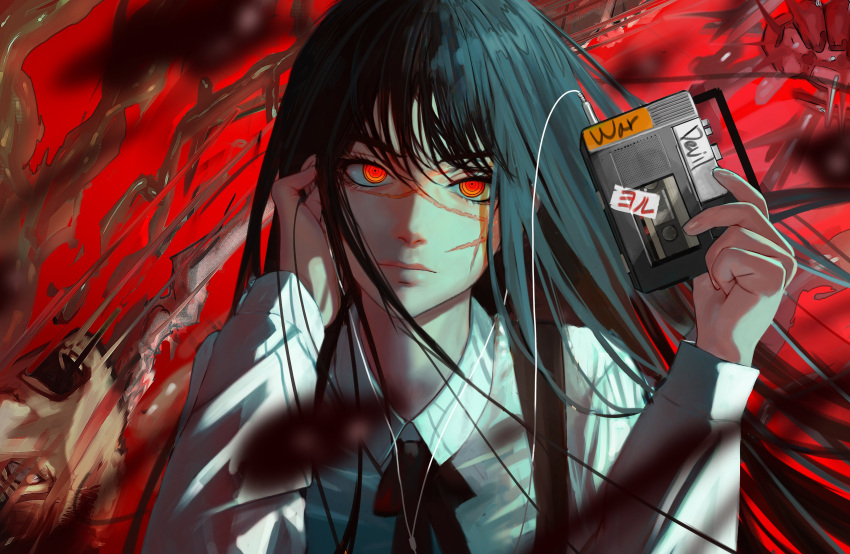 absurdres black_hair blood blood_splatter blood_spray cassette_player cassette_tape chainsaw_man cross_scar female fourth_east_high_school_uniform ganet_p highres intestines long_hair looking_at_viewer open_mouth red_eyes red_theme ringed_eyes scar scar_on_cheek scar_on_face school_uniform severed_head solo yoru_(chainsaw_man)