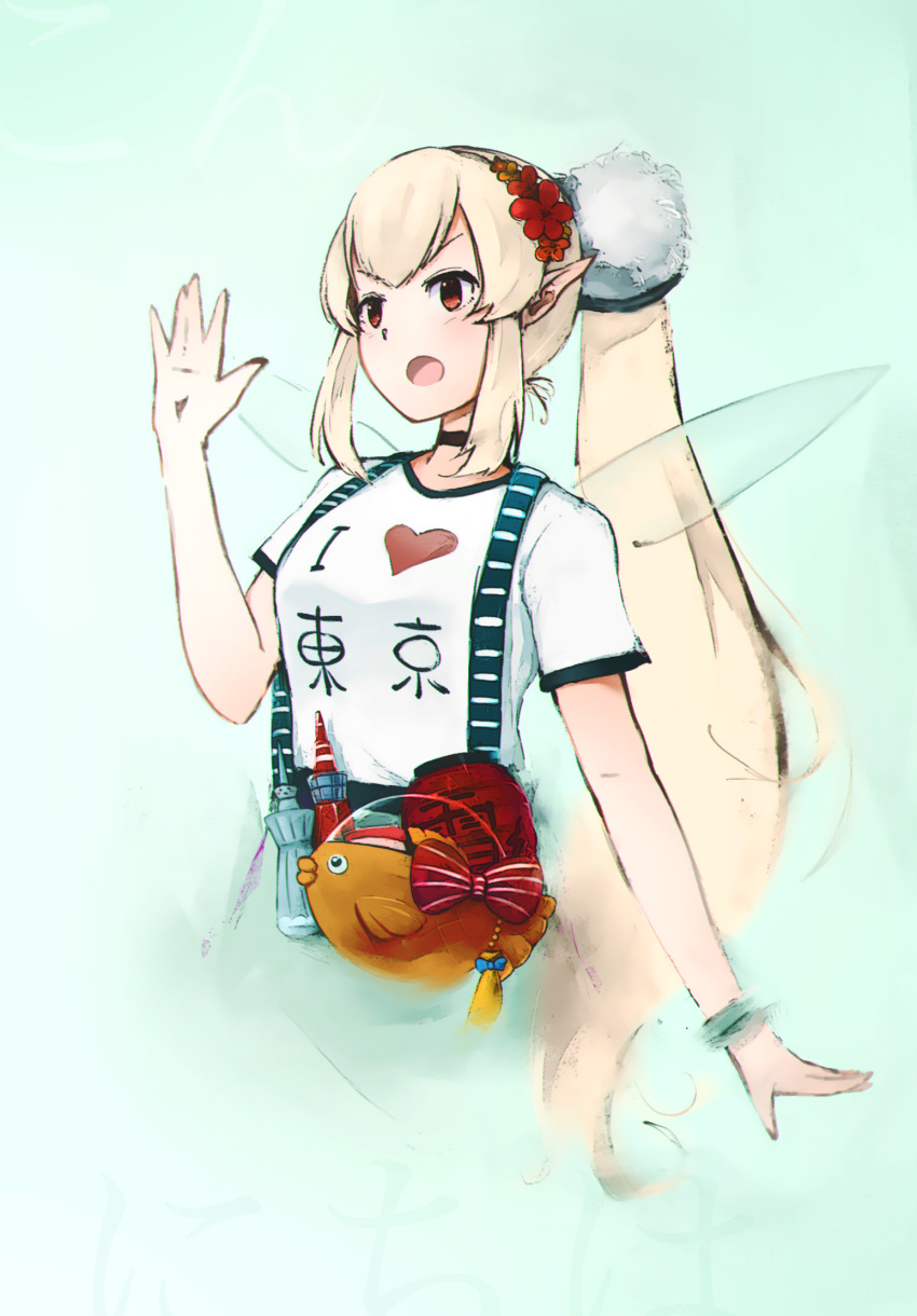 bow commentary_request cropped_torso elu_(1st_costume)_(nijisanji) elu_(nijisanji) female green_background hand_up heart highres long_bay long_hair nijisanji open_mouth photoshop_(medium) pointy_ears ponytail print_shirt red_bow red_eyes shirt short_sleeves sidelocks solo suspenders t-shirt upper_body very_long_hair virtual_youtuber white_shirt wings