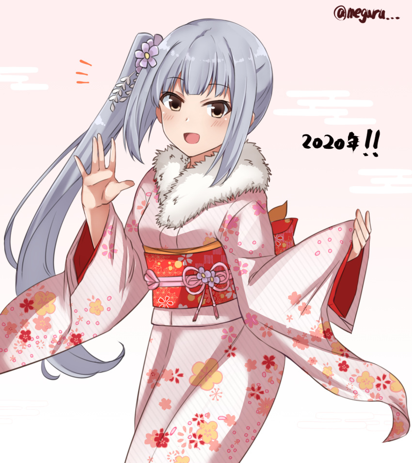 2020 brown_eyes cloud_background commentary_request dated duplicate egasumi female floral_print fur-trimmed_kimono fur_trim furisode grey_hair highres japanese_clothes kantai_collection kasumi_(kancolle) kimono long_hair long_sleeves looking_at_viewer meguru_(megurunn) pink_background pink_kimono pixel-perfect_duplicate print_kimono side_ponytail sleeves_past_wrists smile solo twitter_username wide_sleeves