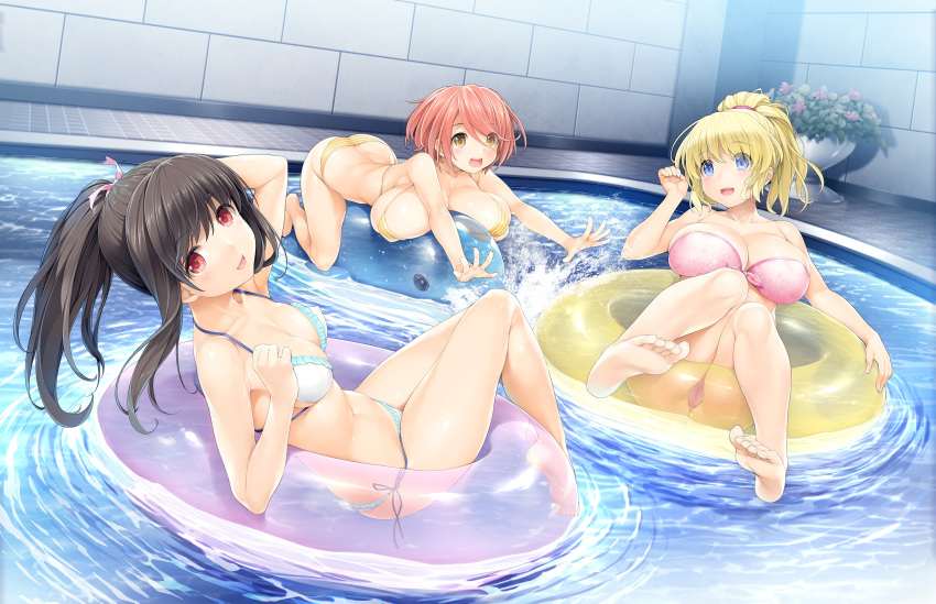 3girls amabane_nodoka arm_behind_head arm_up barefoot bikini black_hair blonde_hair blue_eyes breasts breasts_apart game_cg halterneck higashiboujou_akira high_ponytail highres huge_breasts inflatable_dolphin inflatable_toy innertube ishikei long_hair love_cube medium_breasts multiple_girls official_art open_mouth pink_bikini ponytail pool red_eyes red_hair shitaka_iori short_hair side-tie_bikini_bottom soles splashing swim_ring swimsuit water yellow_bikini yellow_eyes