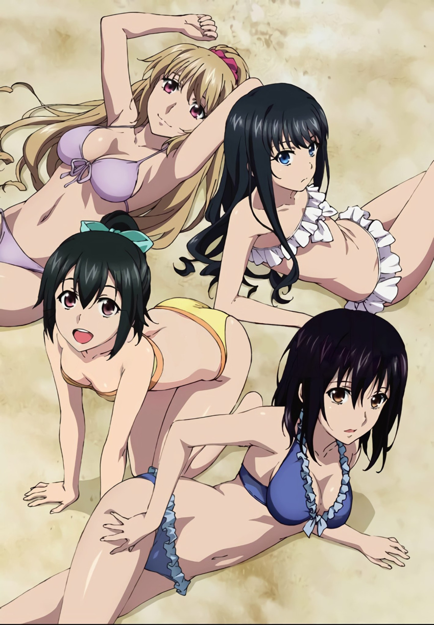 4girls :d aiba_asagi akatsuki_nagisa all_fours aqua_bow armpits bad_id bad_twitter_id beach bikini black_hair blonde_hair blue_bikini blue_eyes bow breasts brown_eyes closed_mouth collarbone commentary_request day flat_chest frilled_bikini frills front-tie_bikini_top front-tie_top hair_ornament hair_scrunchie hairbow highres himeragi_yukina inactive_account long_hair looking_at_viewer lying medium_hair minamiya_natsuki multiple_girls navel on_back on_side open_mouth outdoors pink_bikini ponytail red_eyes red_scrunchie scrunchie sideboob small_breasts smile strapless strapless_bikini strike_the_blood swimsuit very_long_hair white_bikini yellow_bikini