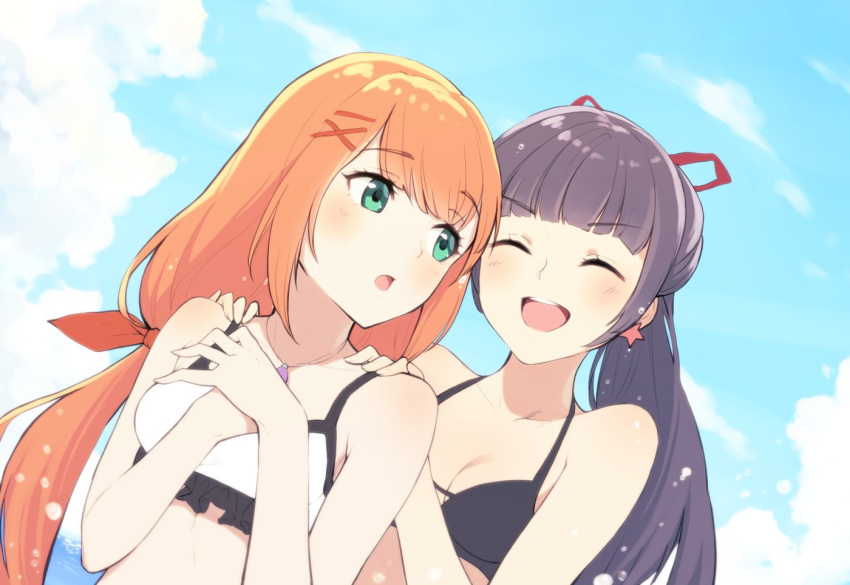 2girls black_hair breasts gogo_(detteiu_de) hair_ornament jewelry kingdom_hearts kingdom_hearts_x long_hair multiple_girls necklace orange_hair skuld_(kingdom_hearts) smile strelitzia_(kingdom_hearts) swimsuit twintails x_hair_ornament